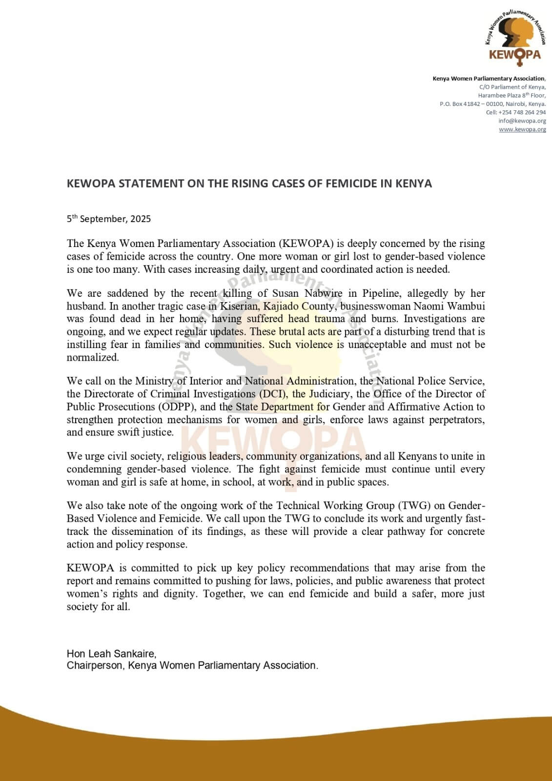 KEWOPA Statement on Rising Cases Of Femicide in Kenya