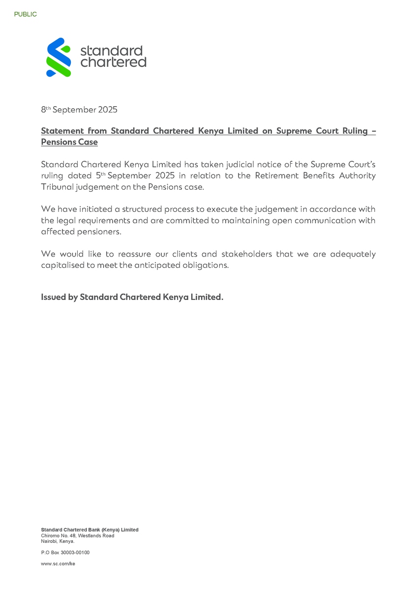 Standard Chartered Kenya Statement on Supreme Court Pension Case Ruling