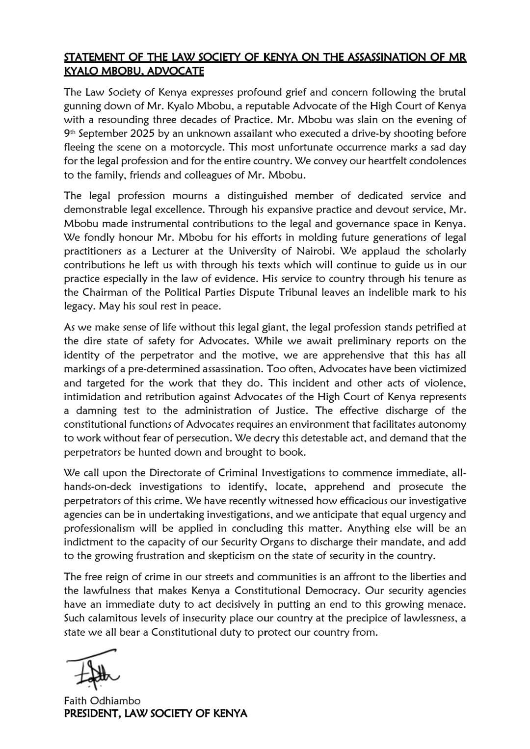 Law Society of Kenya statement on Killing of Advocate Kyalo Mbobu
