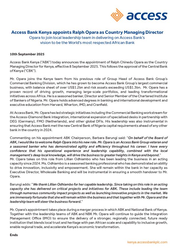 Access Bank Kenya Statement On Appointment Of Ralph Opara As Managing Director