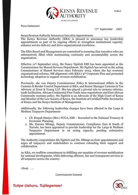 KRA Statement on Appointment of Nancy Ngetich as Commissioner of Shared Services