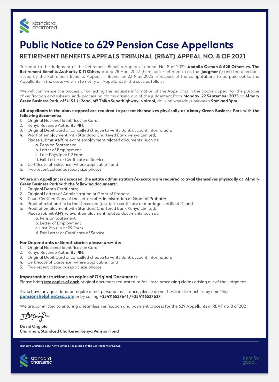 Standard Chartered Kenya Notice On 629 Pension Claims Settlement