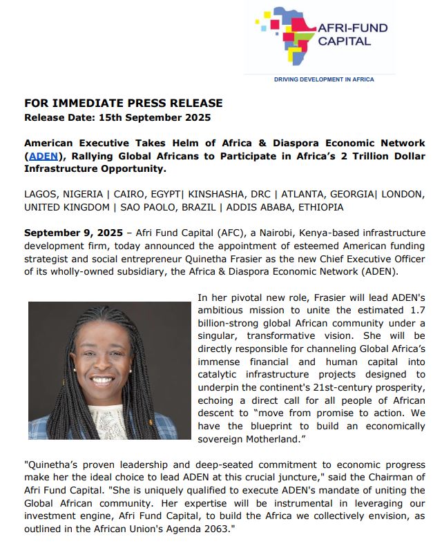 Africa Fund Capital statement on Appointment of Quinetha Frasier as CEO of ADEN