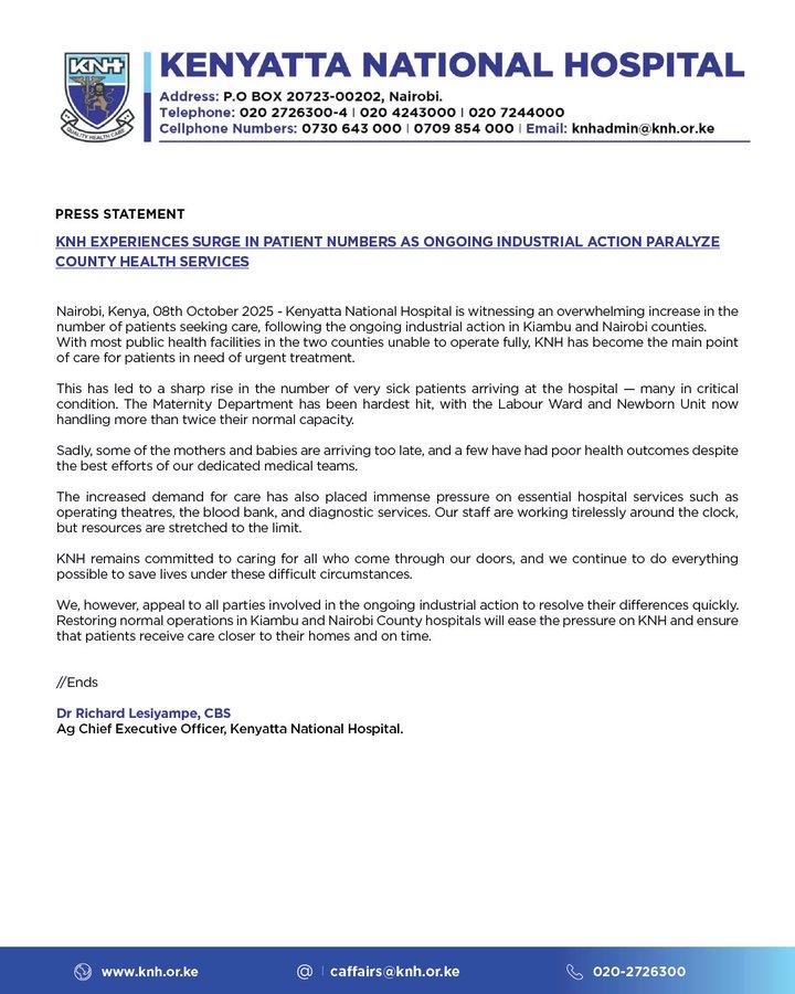KNH statement on Surge In Patent Numbers Due to Doctors Strike in Kiambu and Nairobi County