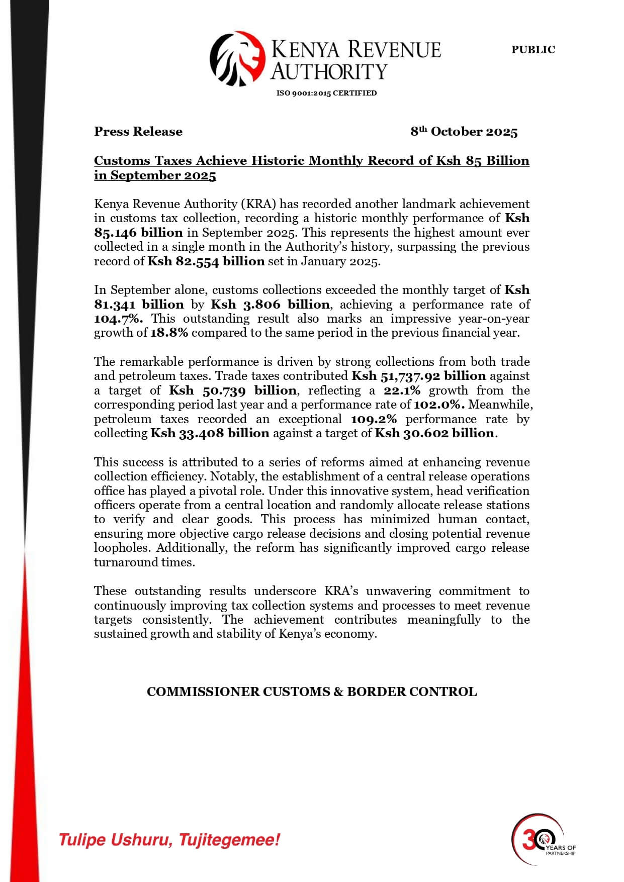 KRA Statement on Ksh. 85 Billion Custom Tax Collection in One Month