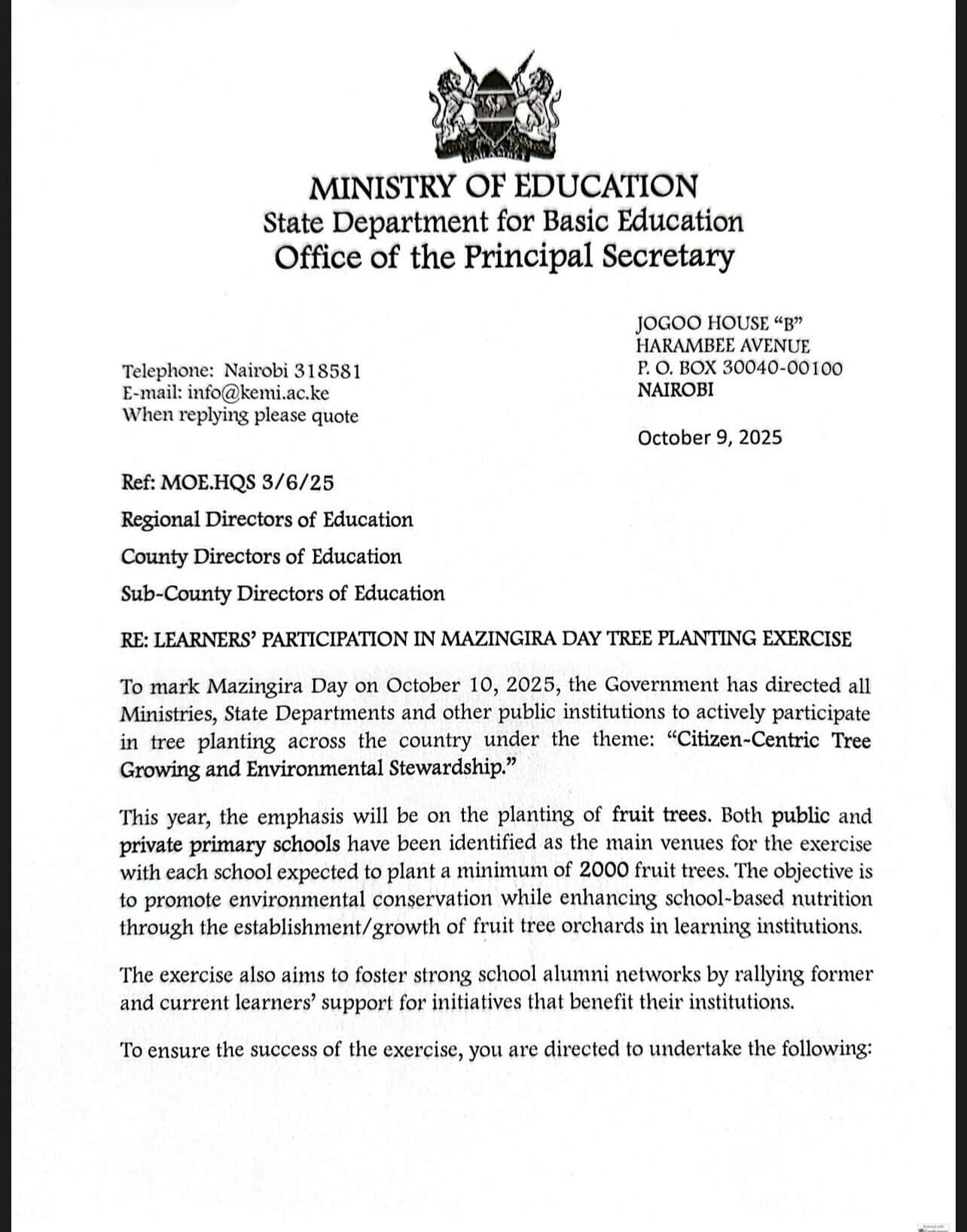 Ministry of Education Statement on Mazingira Day Tree Planting Exercise in Schools