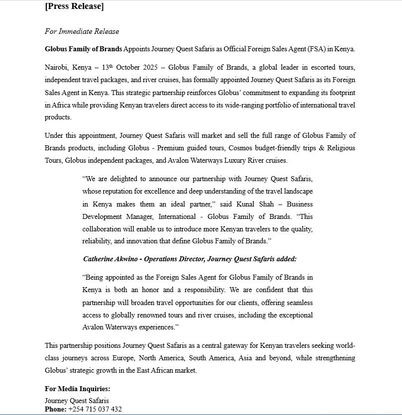 Journey Quest Safaris Statement on Appointment as Foreign Sales Agent in Kenya for Globus Family of Brands