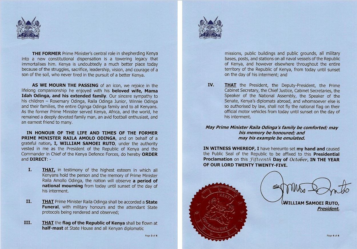 President William Ruto Statement on the Death of Raila Odinga