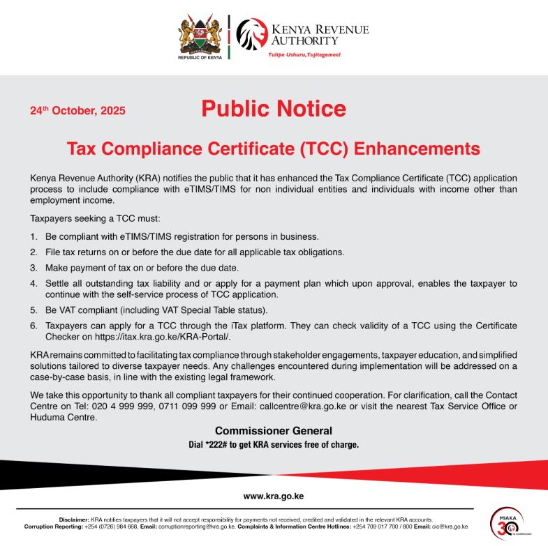 KRA Statement on New Requirements of Applying for Tax Compliance Certificate