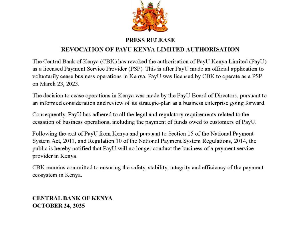 CBK Statement on Revocation of PayU Payment Service License in Kenya