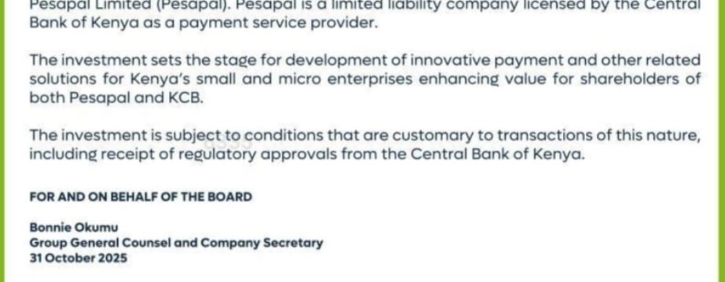 KCB Statement on Acquisition of Minority Stake in Pesapal