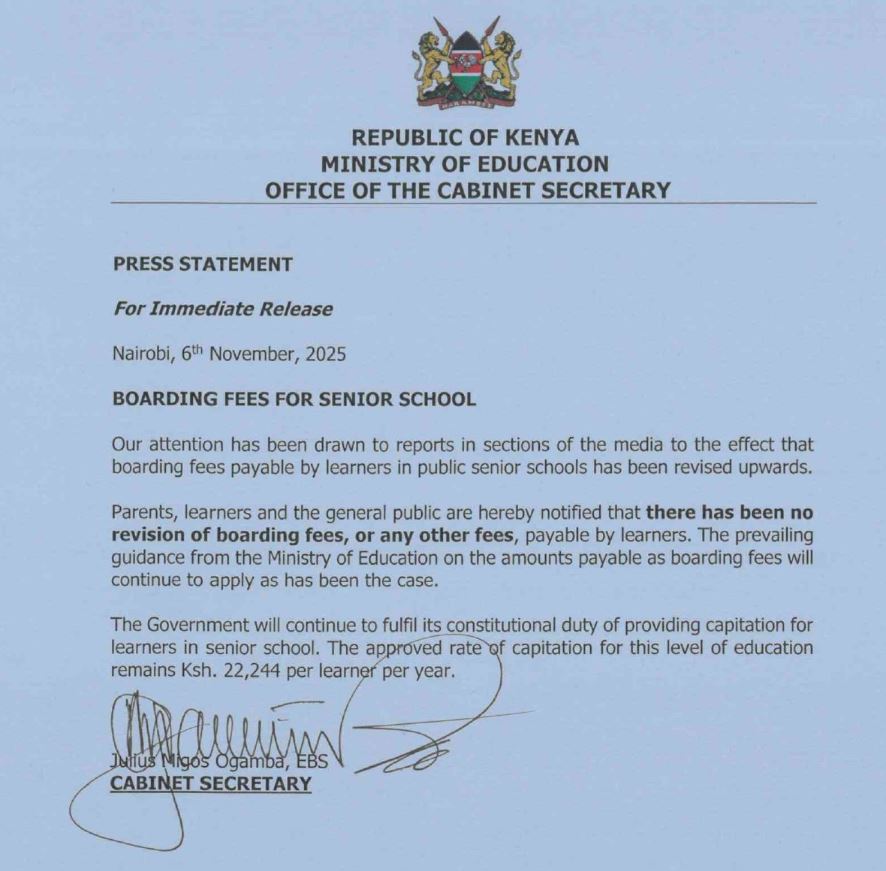 Ministry of Education Statement on Boarding Fees for Senior School