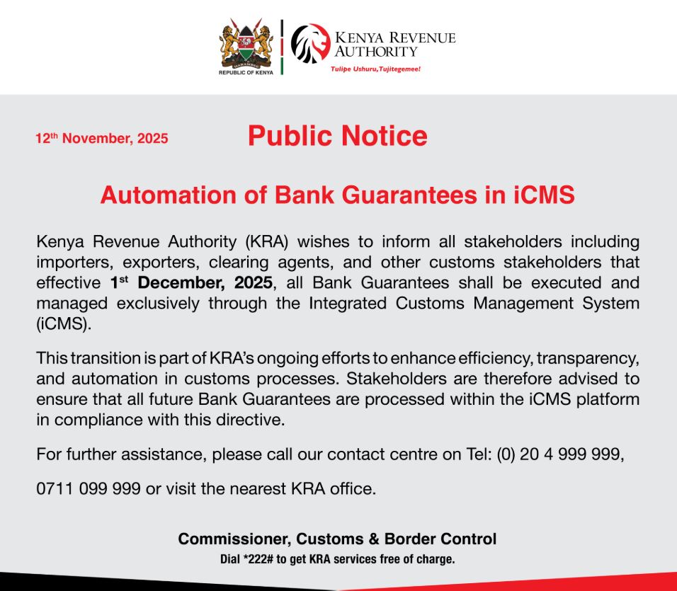 KRA Statement on Automation of Bank Guarantees in ICMS