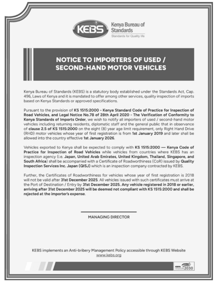 KEBS Statement on Age Limit of Importation of Used Second Hand Vehicles in Kenya