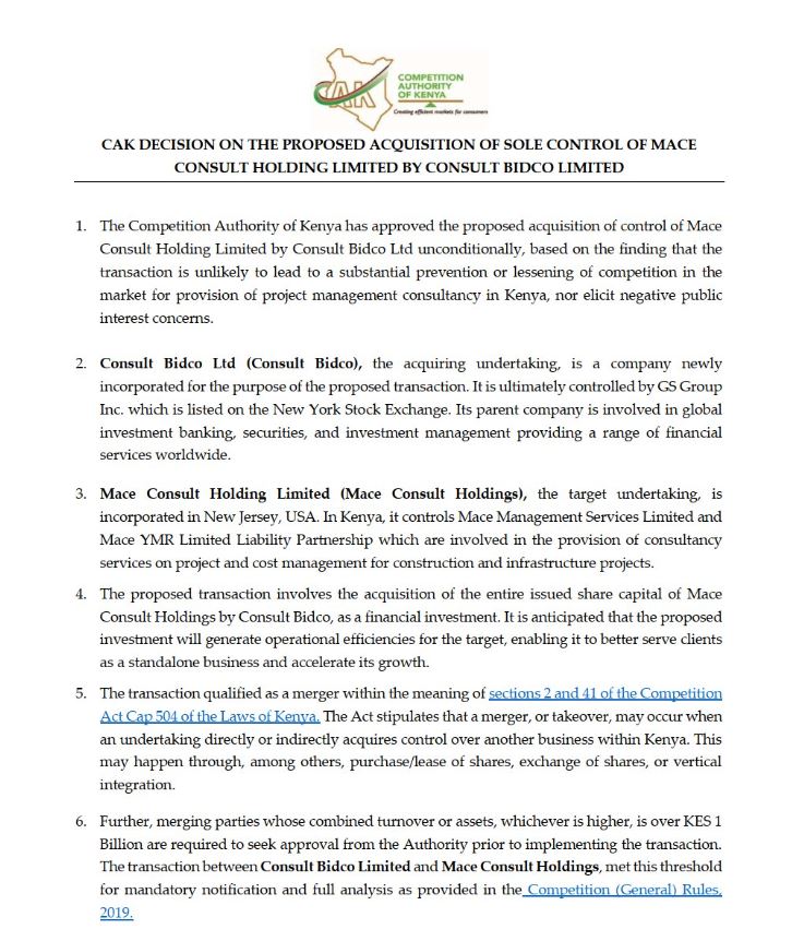 CAK Statement on Acquisition of Mace Consult by Consult Bidco Limited