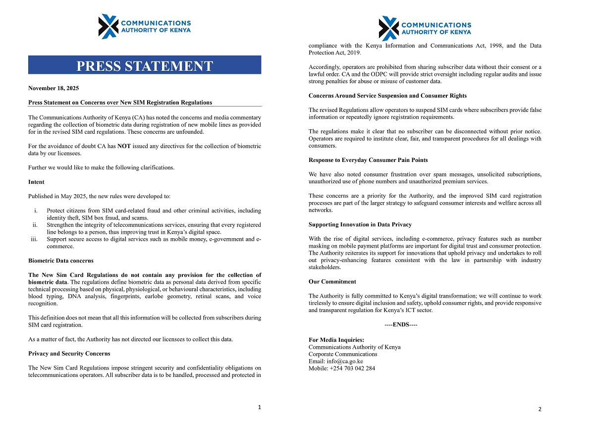 Communication Authority Statement on New SIM Registration and Data Collection