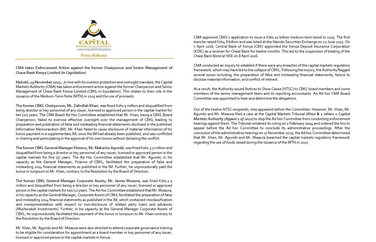CMA Statement on Fining Former Chase Bank Senior Management