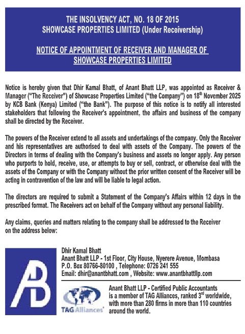 KCB Bank Notice on Placing Showcase Properties Ltd Under Receivership