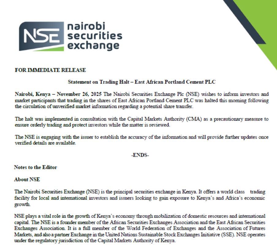 NSE Statement on Halting Trading of East African Portland Cement Shares