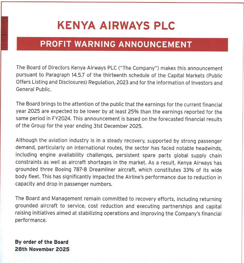 Kenya Airways Profit Warning Statement for Full Year 2025
