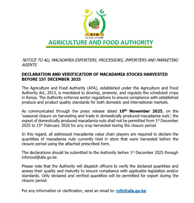 AFA Statement on Declaration and Verification of Macadamia Stocks Harvested