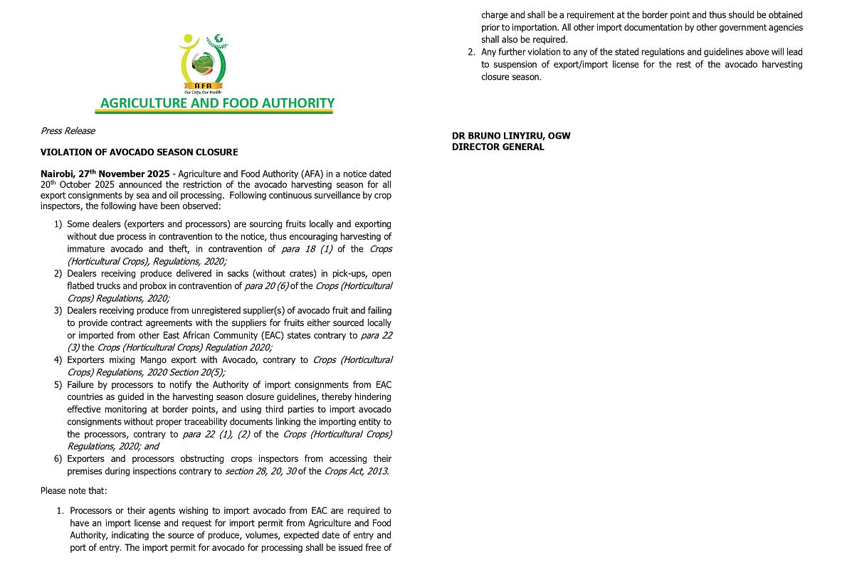 AFA Statement on Violation of Closure of Export of Avocado