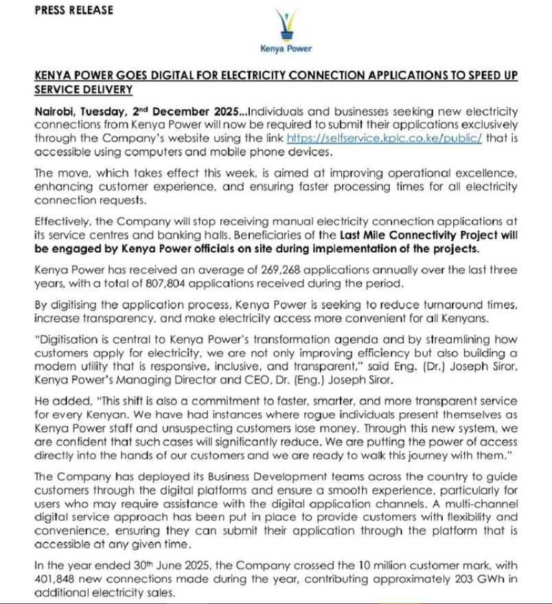 Kenya Power Statement on Online Electricity Connection Application