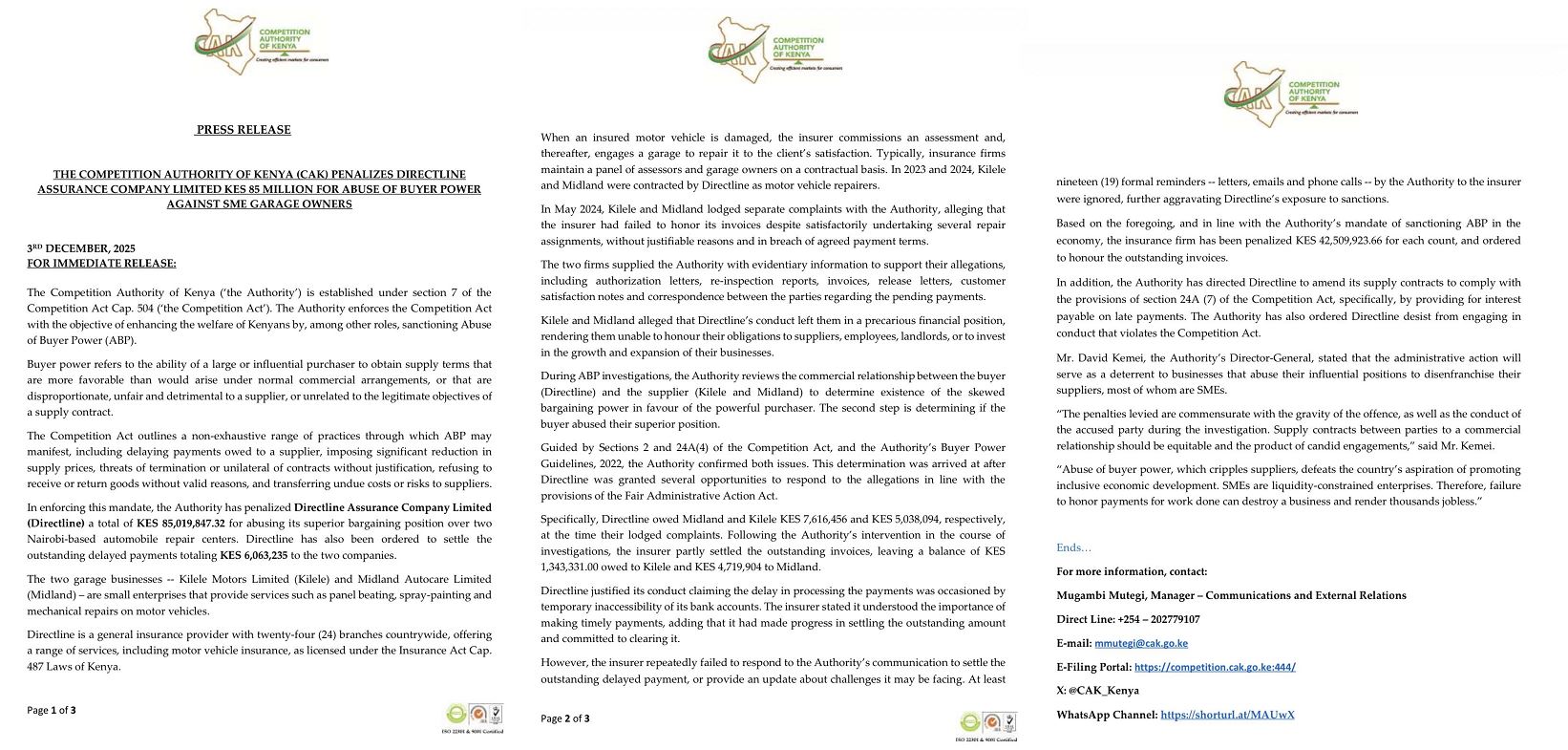 CAK Statement on Penalizing Directline Assurance for Abuse of Buyer Power