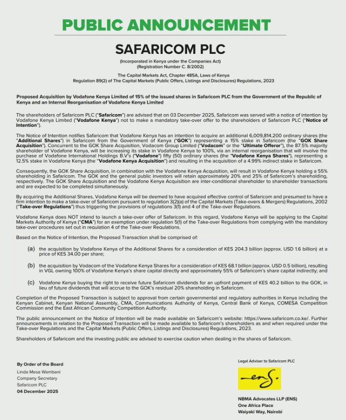 Safaricom Statement on Proposed Acquisition of 15% Shares by Vodafone Kenya Limited
