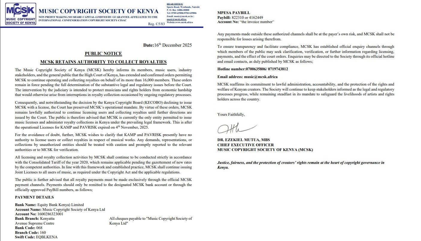 MCSK Statement on Retaining Authority to Collect Royalties