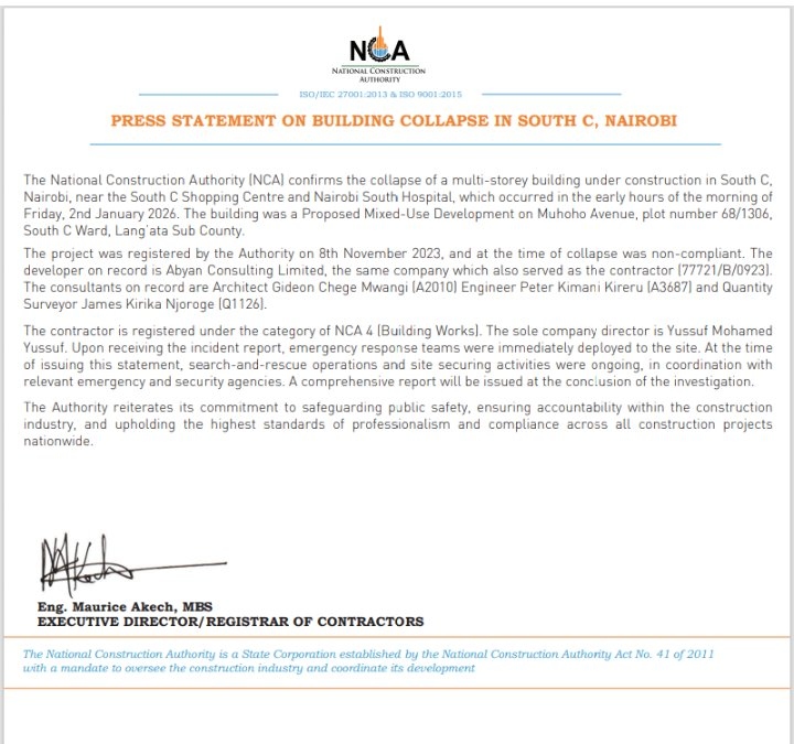 NCA Statement on Collapsed Building in South C