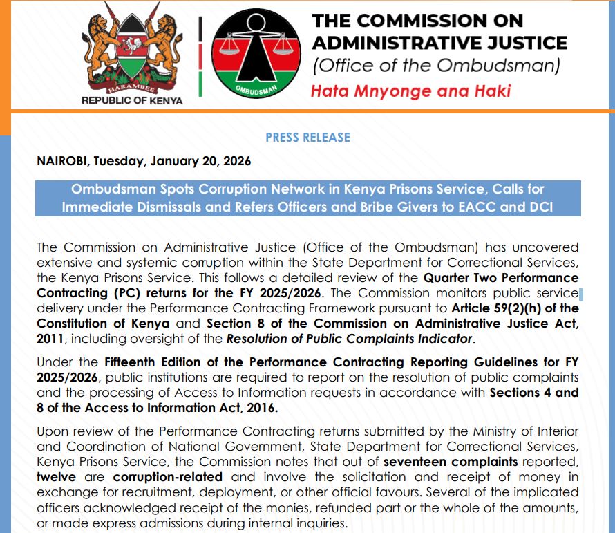Ombudsman Report on Corruption in Kenya Prisons Service
