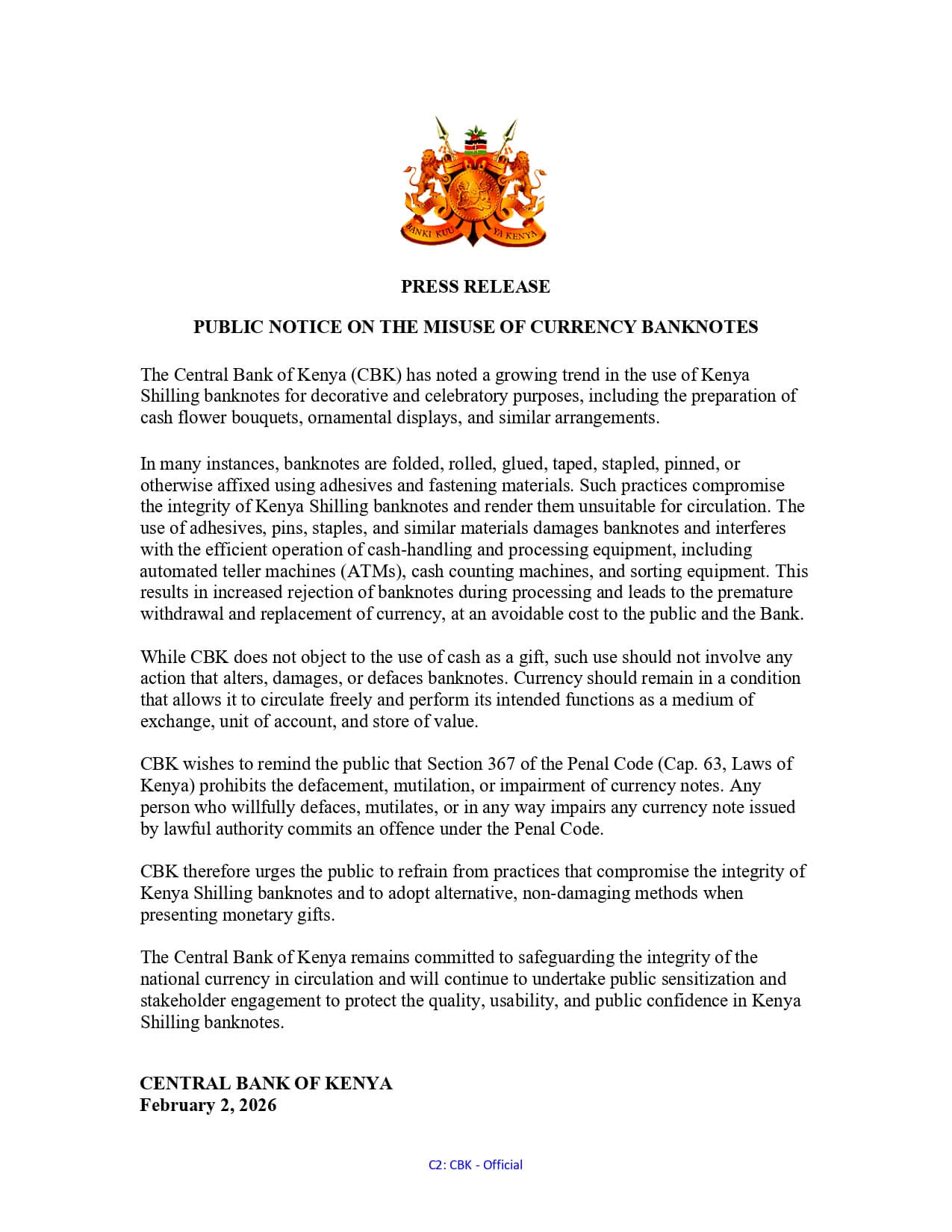 CBK Statement on the Use of Currency Banknotes as Displays in Parties