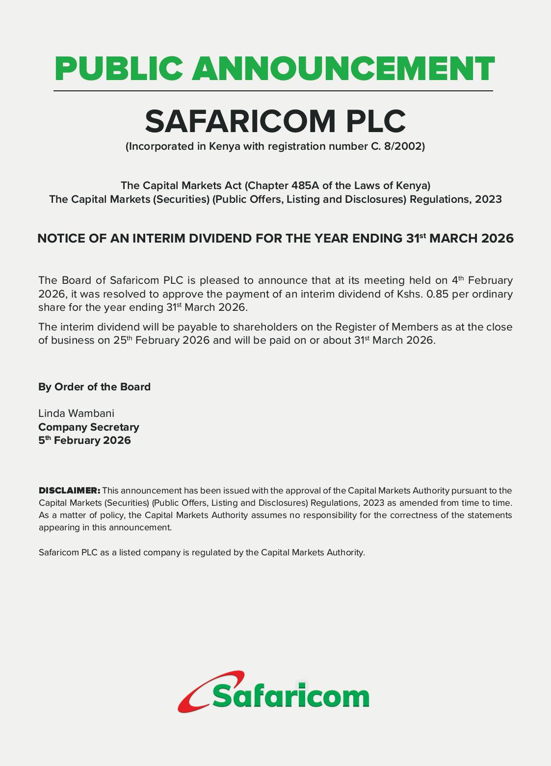 Safaricom Notice on Interim Dividend Payment on February 2026
