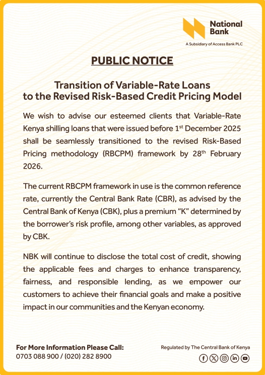 National Bank Notice On Transition from Variable Rate Loans  to Revised Risk Based-Credit Pricing Model