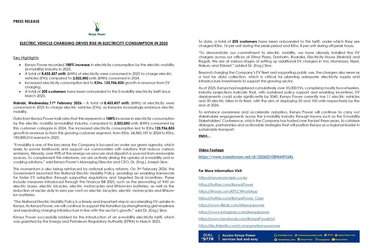 Kenya Power Statement On Electric Vehicle Charging Consuming 8.4 Million  kWh of Electricity