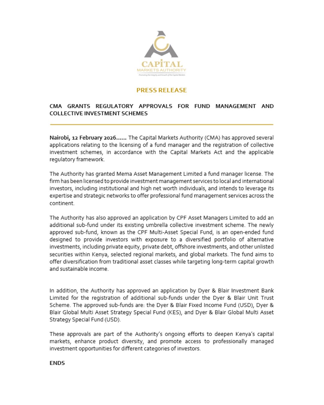 CMA Statement On Licensing Mema Asset Management As A Fund Manager