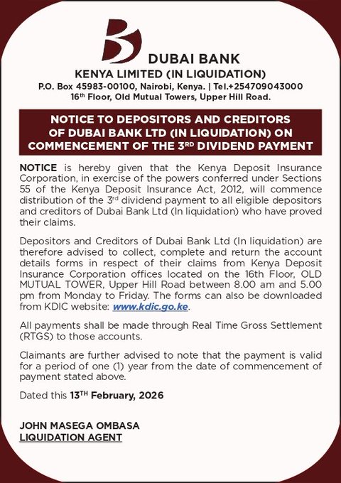 KDIC Notice on Commencement of 3rd Payment of Dubai Bank LTD Dividends to Depositors