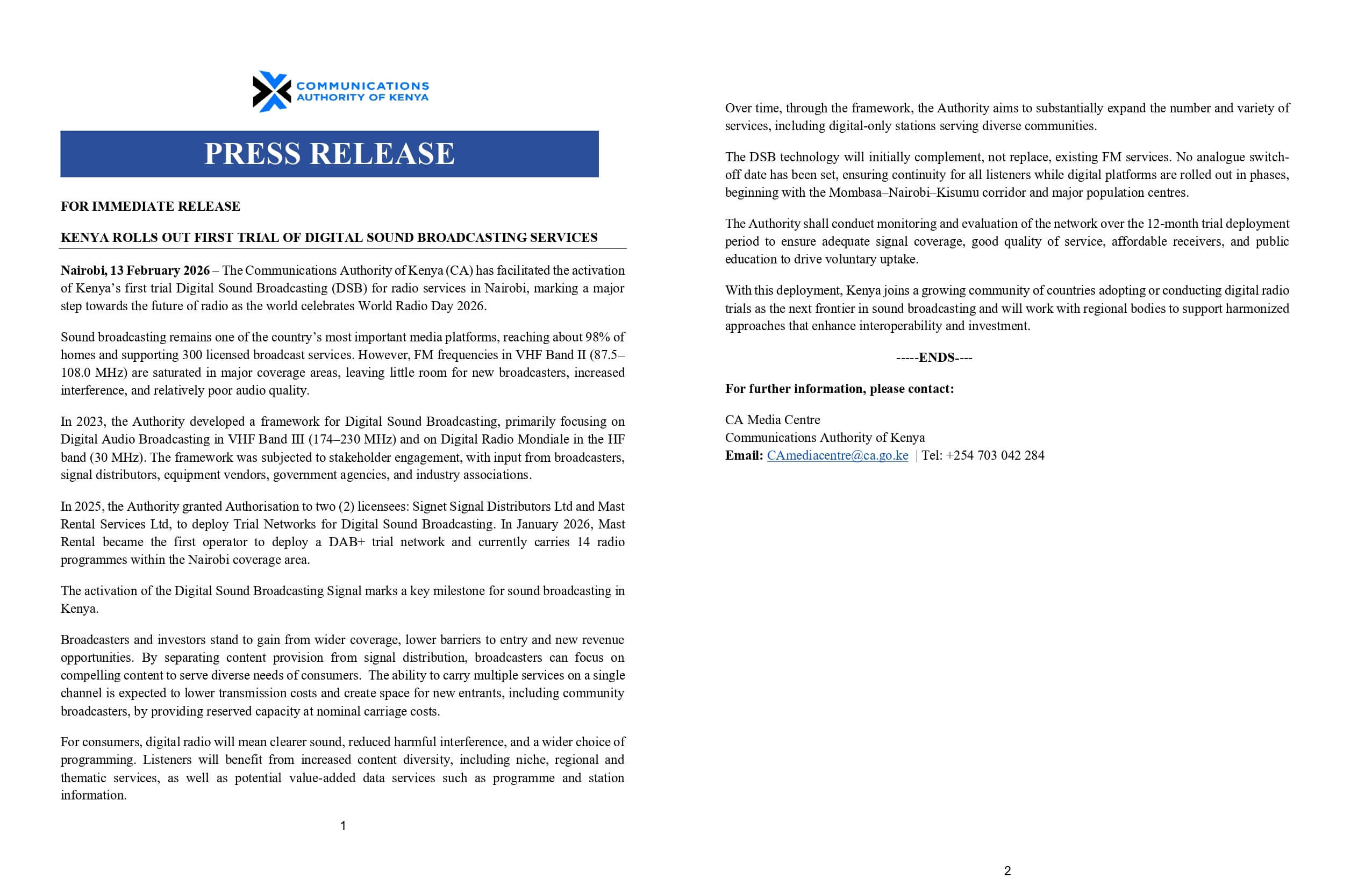 CA Statement on Kenya Rolling Out Digital Sound Broadcasting Services