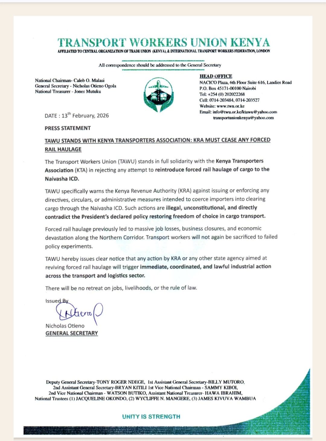 TAWU Statement on KRA Coercing Importers to Clear Cargo through Naivasha ICD