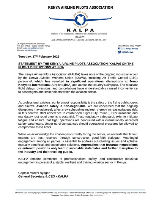 KALPA Statement on Flight Disruptions at JKIA Due to Strike