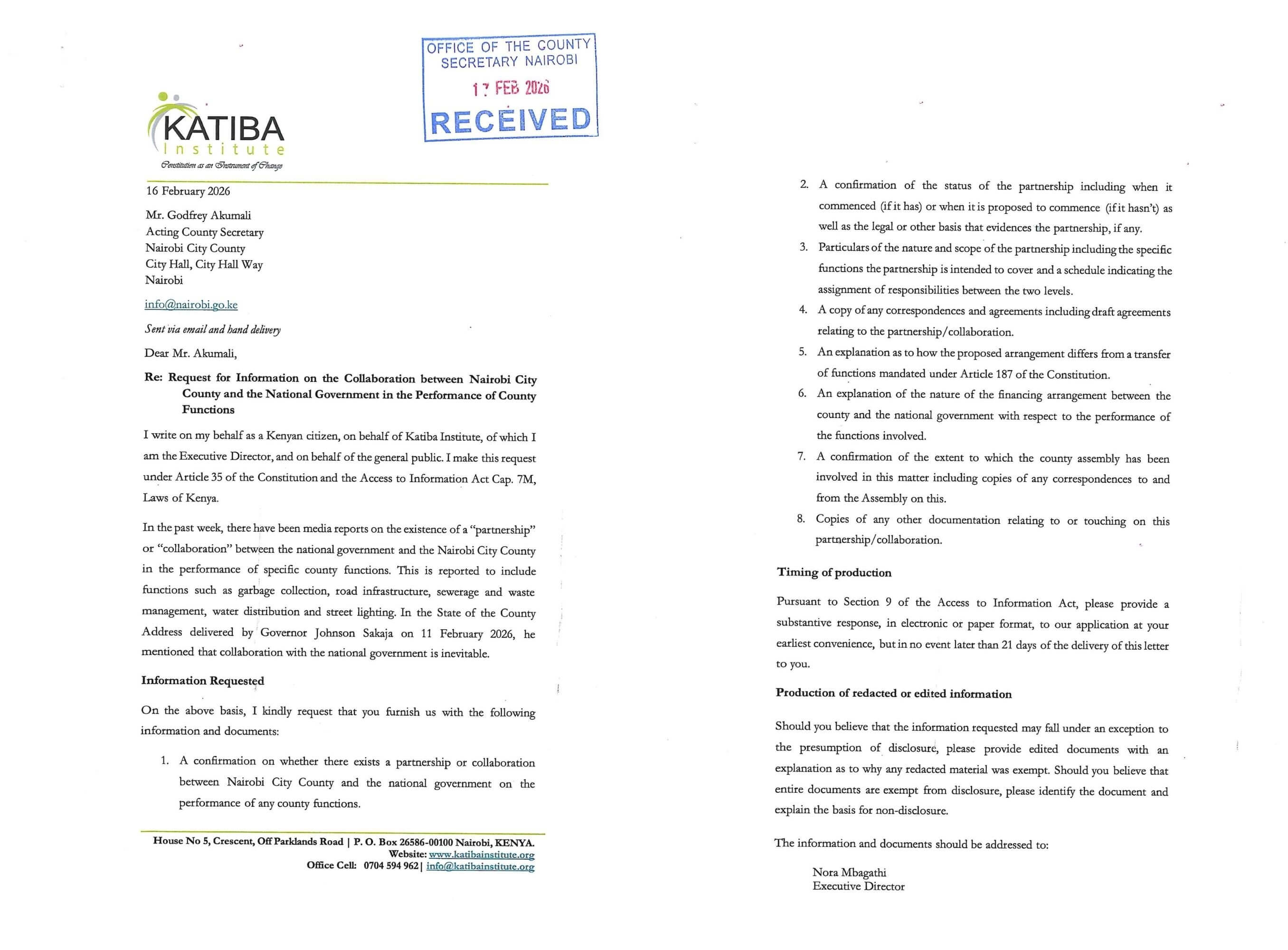 Katiba Institute Statement on Collaboration Between Nairobi County and National Government