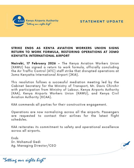 KAA Statement on Kenya Aviation Workers Union Signing Return to Work Formula, Ending Strike