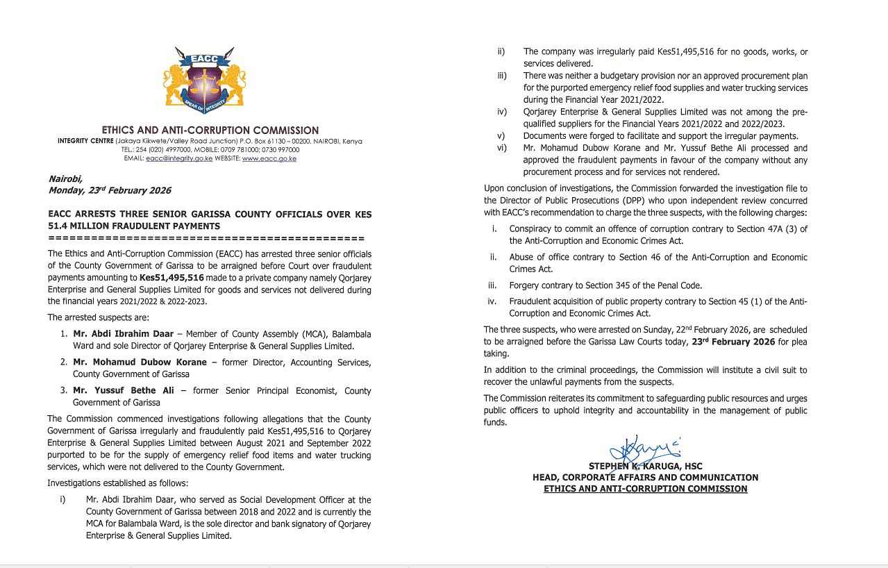 EACC Statement on The Arrest of Garissa County Officials Over KES 51.4 Million Fraud