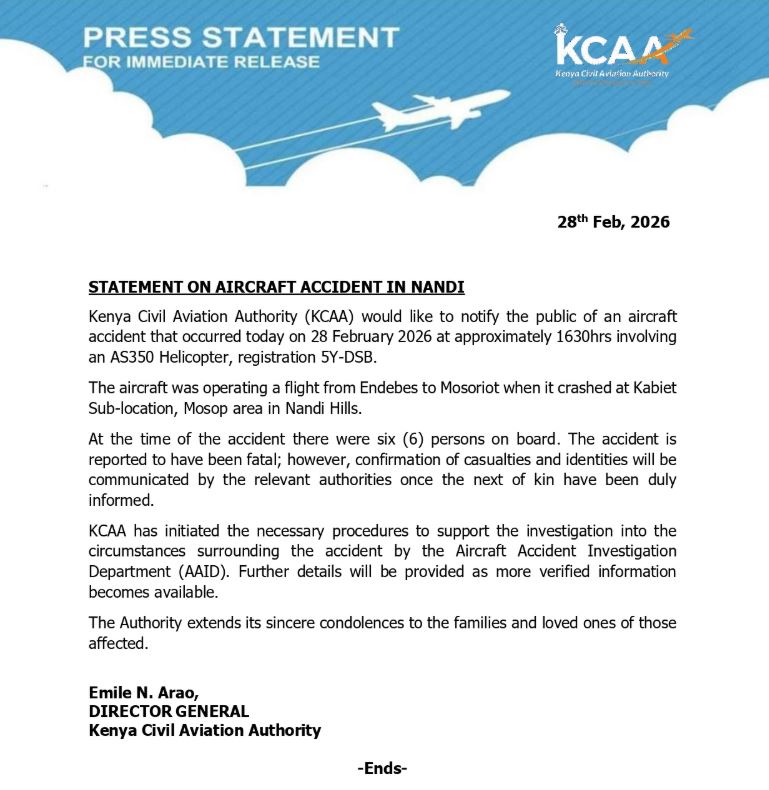 KCAA Statement on Aircraft Accident In Mosop, Nandi Hills