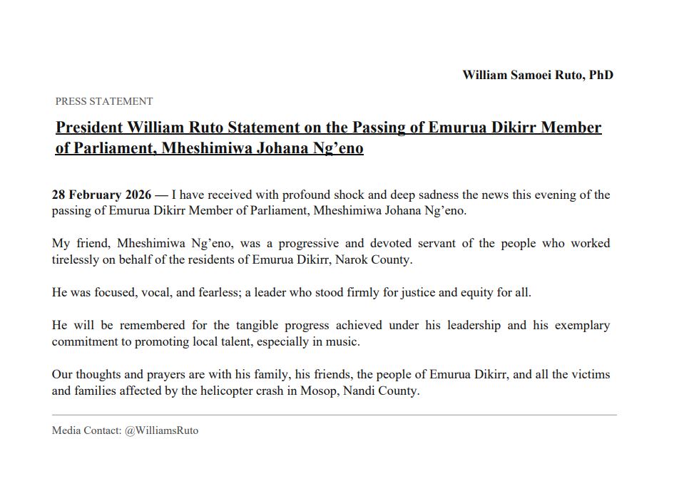 President William Ruto Statement on the Passing of MP Johana Ngeno