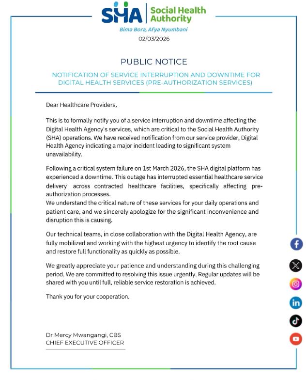 SHA Statement on System Downtime Affecting Online Services