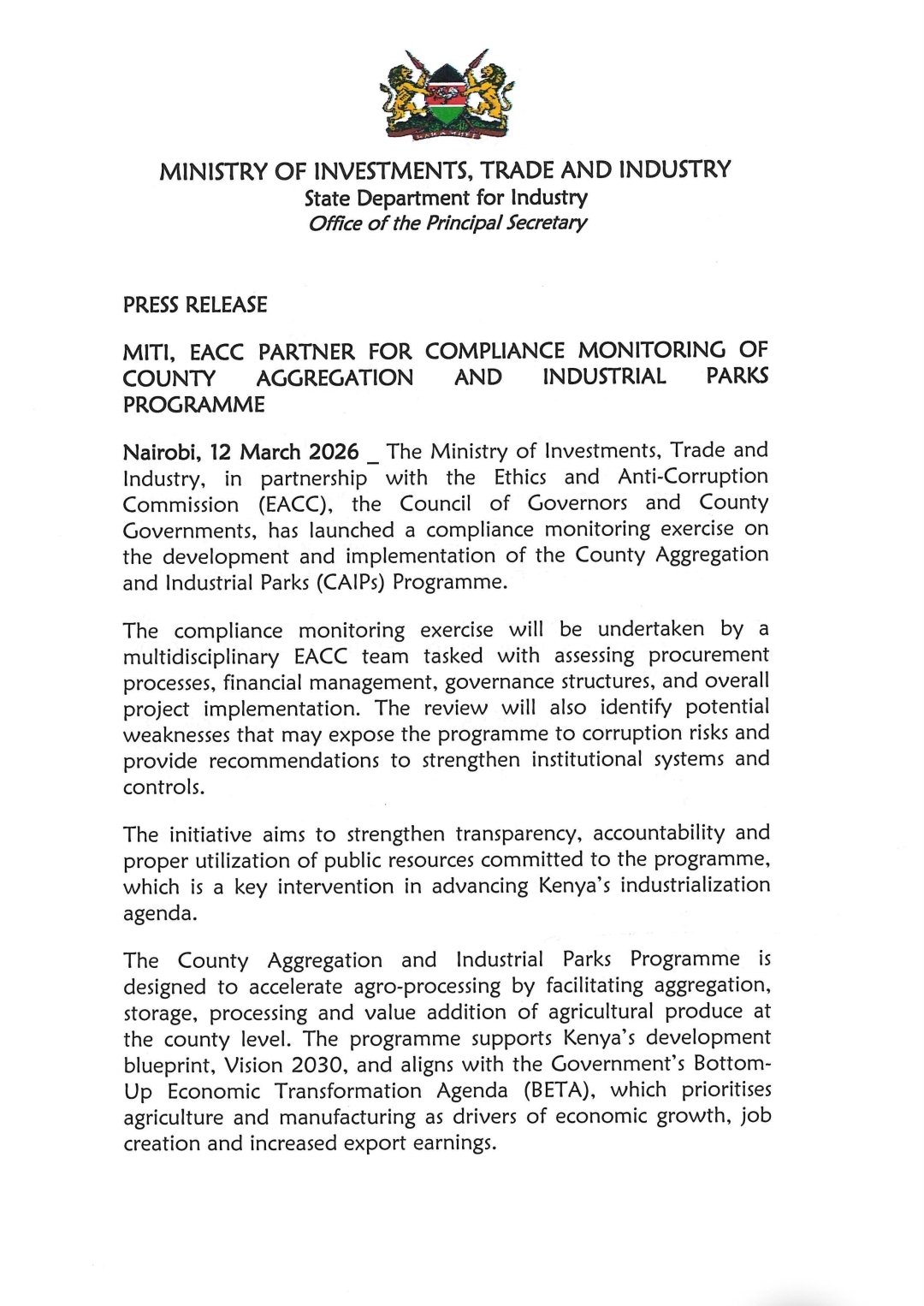 Ministry of Trade Partners with EACC and County Governments on Compliance Monitoring of  CAIPs Programme.