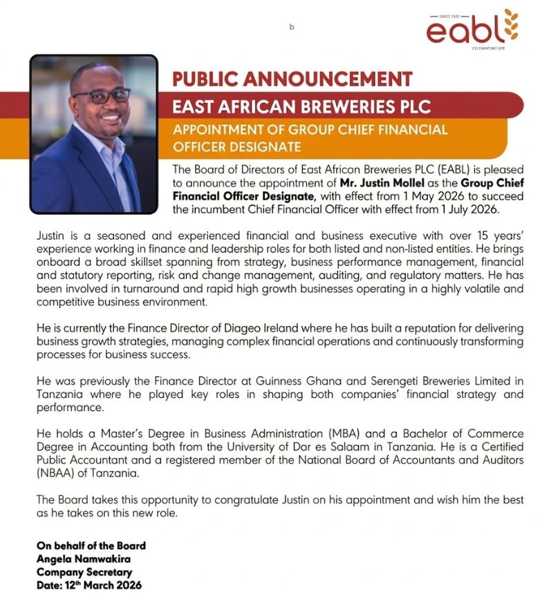 EABL Statement on Appointment of Justin Mollel as Group CFO