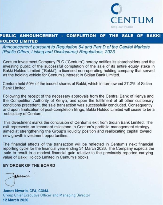 Centum Statement on Completion of Sale Of Equity Stake in Bakki Holdco Limited